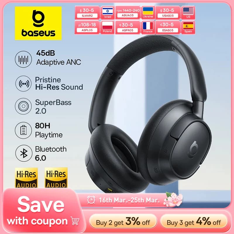 אוזניות Baseus EH10 ANC אלחוטיות LDAC Bluetooth 6.0 — קנו מ-AliExpress לישראל
