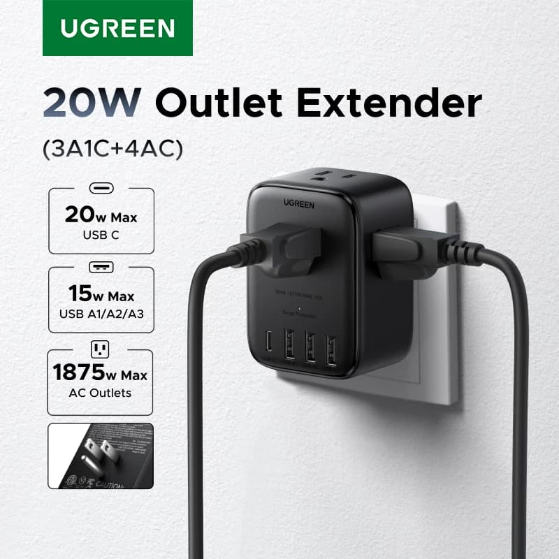 UGREEN מאריך שקע 20W עם 4 שקעי AC ו-4 יציאות USB — קנו מ-AliExpress לישראל